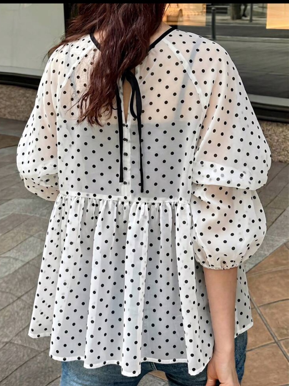 Women's Solid White With Black Polka Dots Sheer Fabric Layered Textured